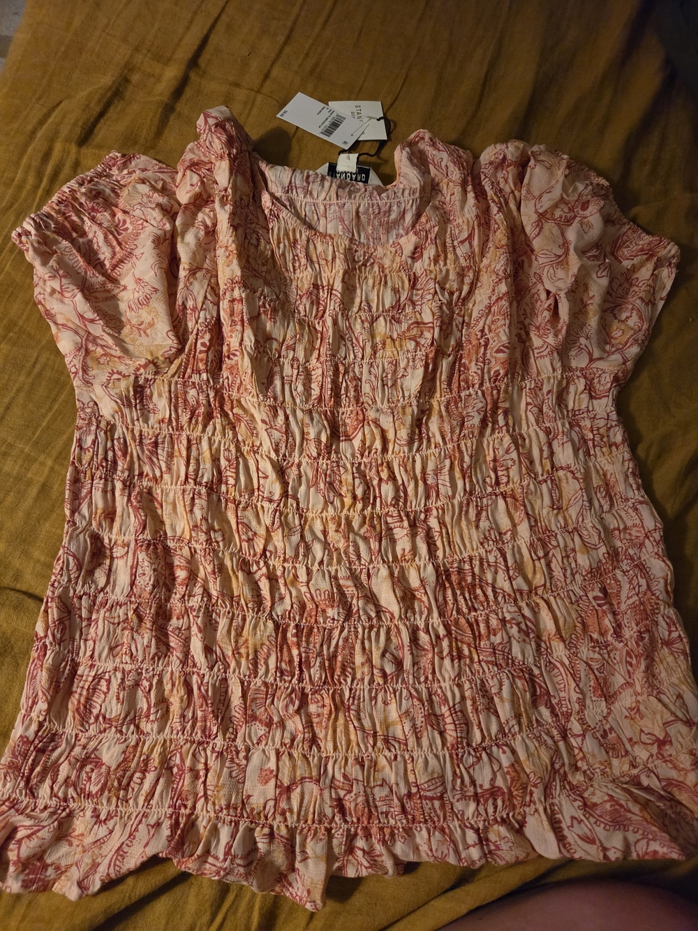 Smocked Short-Sleeve Blouse in Pink and Red Print